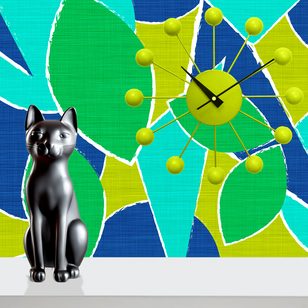 An abstract composition featuring irregular, rounded shapes in vibrant colors. The main colors include bright green, lime green, turquoise, and dark blue, all separated by white, jagged outlines. The shapes overlap and intersect dynamically, forming an energetic and playful pattern. The overall texture has a fabric-like appearance with subtle horizontal and vertical lines running through the colors.